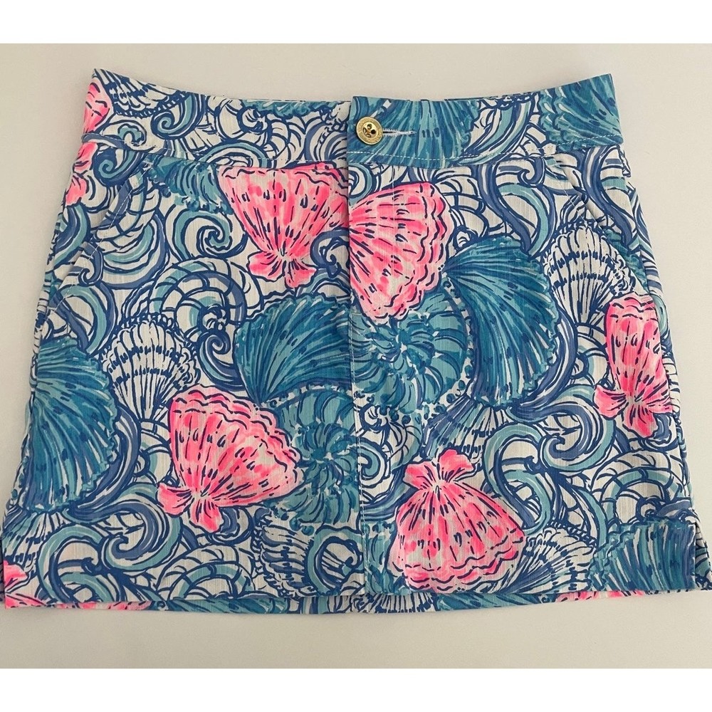Lilly Pulitzer Nicki Pink Raising Shell Blue Haven Mini Skort Skirt Size 0 XS